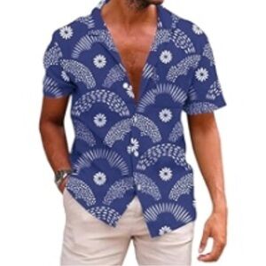 KYKU Men's Casual Button-Down Shirts Hawaiian Shirt Short Sleeve‎ Medium Blue